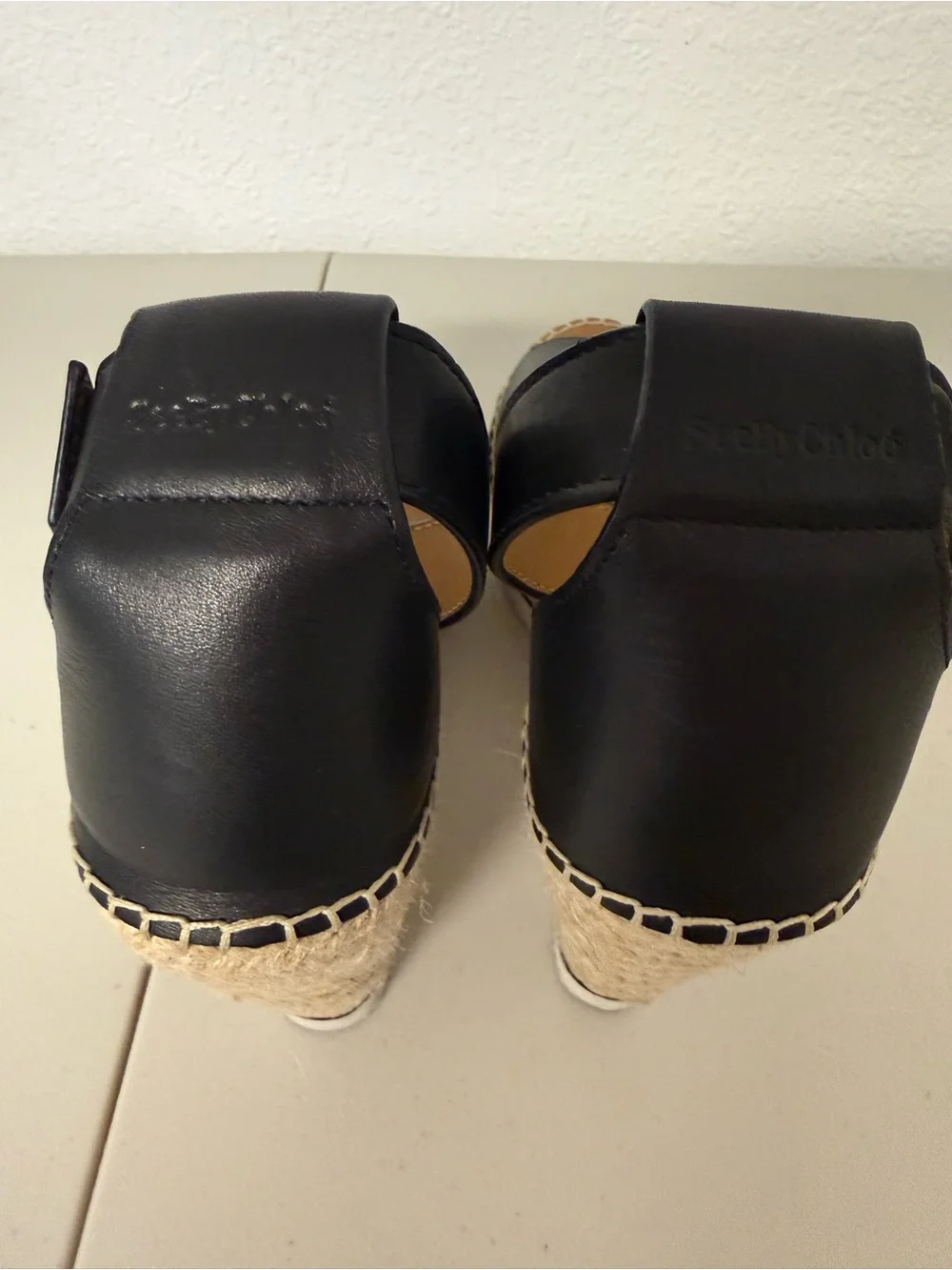 See By Chloé Glyn Black Leather Espadrille Wedge Sandals Size 8 / 38